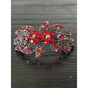 Clip Paris Red Rhinestone Hair Clip Barrette Silver-Tone Metal Filigree Design